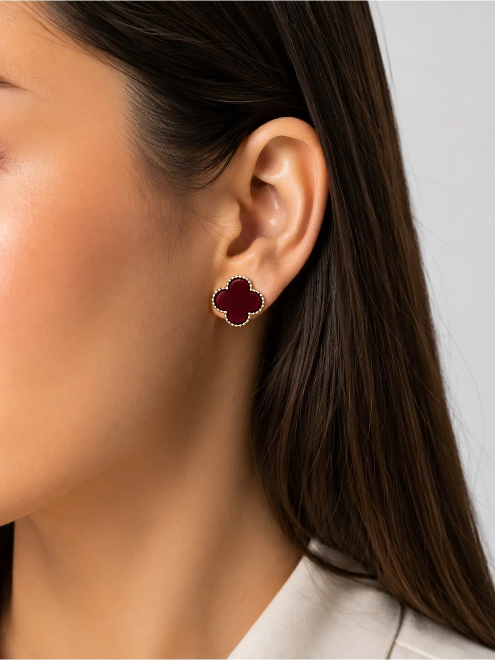 Burgundy Velvet Clover & Pearl Reversible Stud Clover Earrings